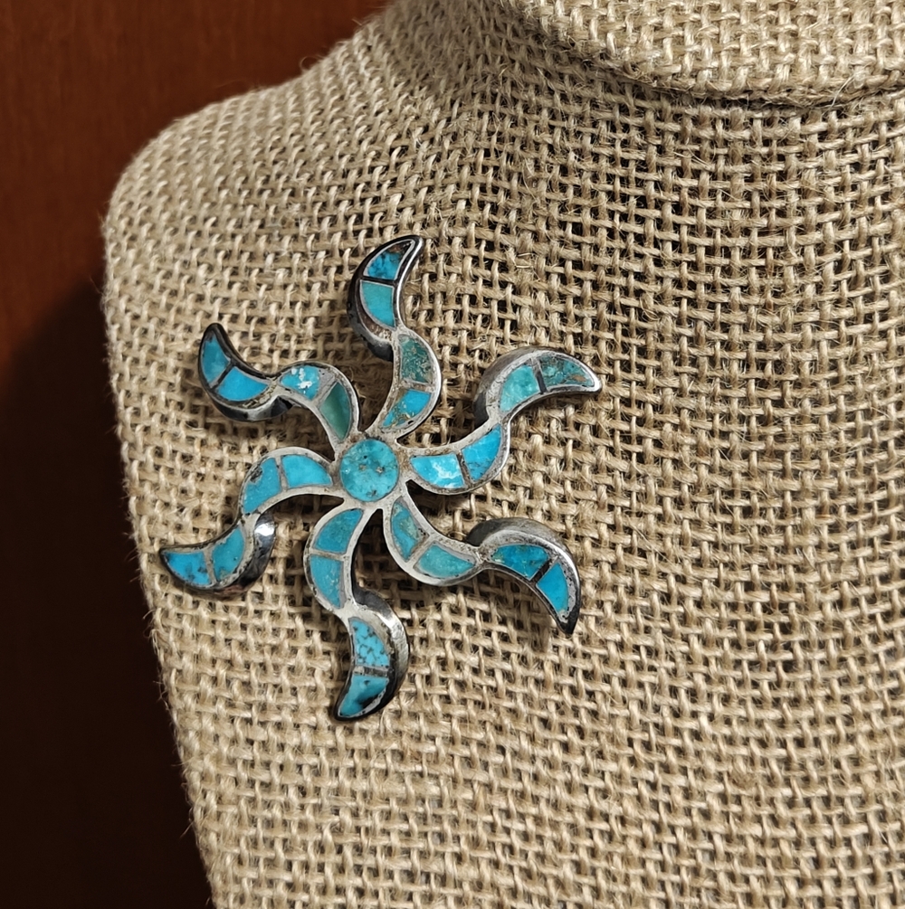 Native American Zuni Genuine Turquoise and Silver Spiritual Sunburst Brooch